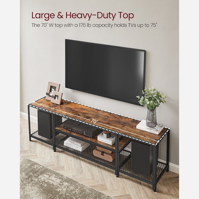 Rustic Brown and Black Industrial TV Stand for TVs up to 75 Inches with Steel Frame and Storage Shelves