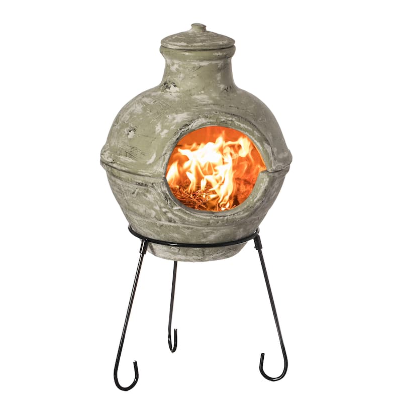 Beige Outdoor Clay Chiminea Barbecue Firepit Accent Design Charcoal Burning Fire Pit with Sturdy Metal Stand, Barbecue - Brown