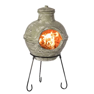 Beige Outdoor Clay Chiminea Barbecue Firepit Accent Design Charcoal Burning Fire Pit with Sturdy Metal Stand, Barbecue