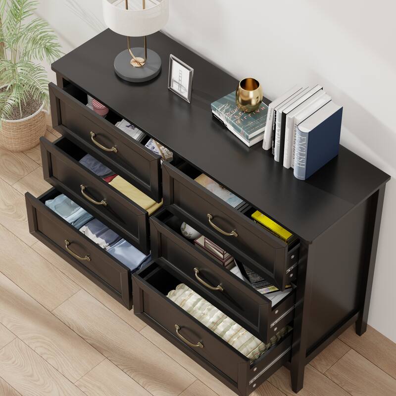 43.3" W 6 Drawer Dresser, Wood Storage Closet Dressers Chest of Drawers for Bedroom
