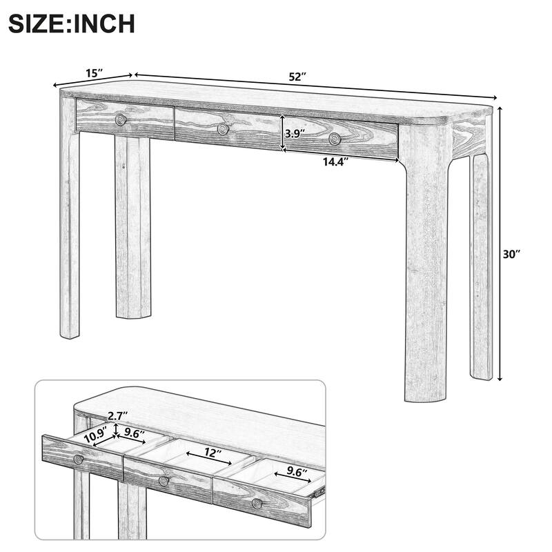 Rustic Console Table with Curved Corners, 3 Concealed Drawers & Thick Wood Legs, Entryway Sofa Table for Hallway & Living Room
