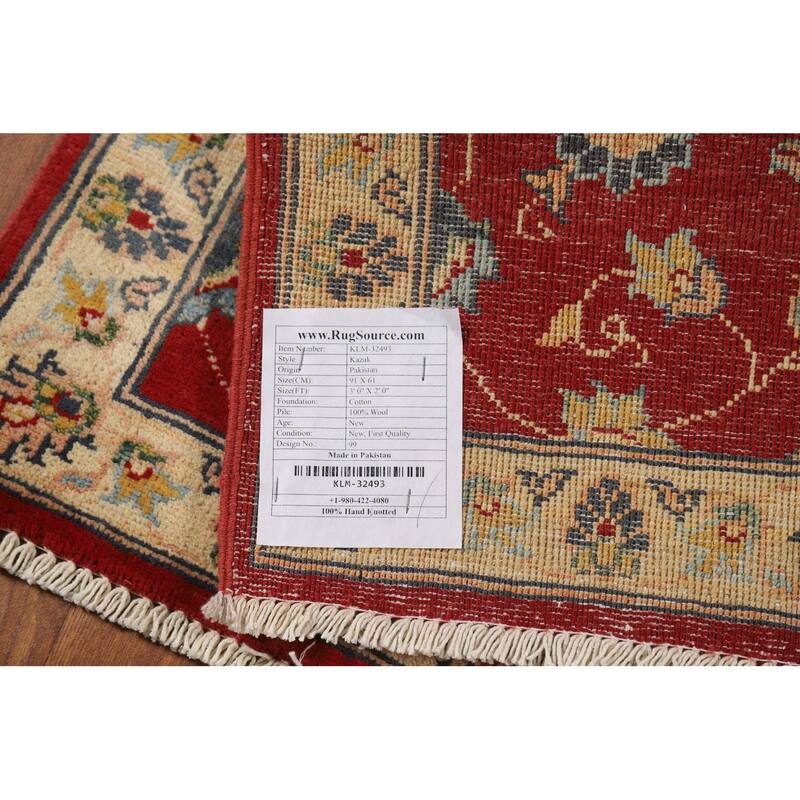 Red Floral Kazak Oriental Accent Rug Hand-Knotted Wool Carpet - 2'0" x 3'0"