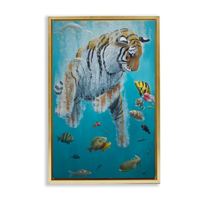 Stupell Swimming Tiger Among Fish Framed Floater Canvas Wall Art Design By Heather Gauthier - 17 x 25 - Gold
