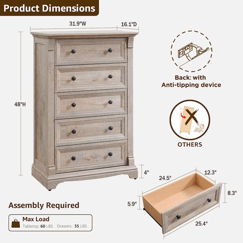 Farmhouse 5 Drawers Dresser, Wood Rustic Chest of Drawers for Bedroom