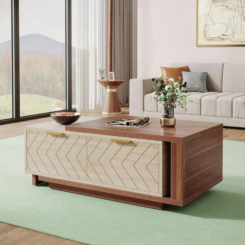 Wood Coffee Table with Expandable Top and 2 Drawers - 42.13 L x 23.62 W x 16.54 H inches