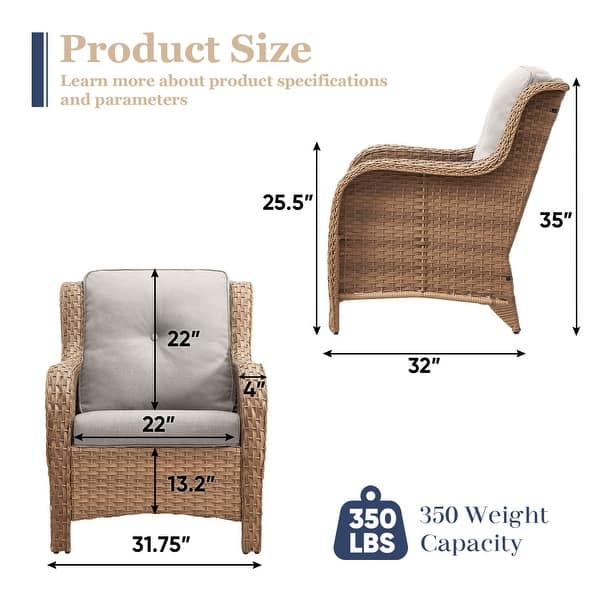 dimension image slide 3 of 12, Outdoor Wicker High Back Club Chair with Cushions (Set of 2)