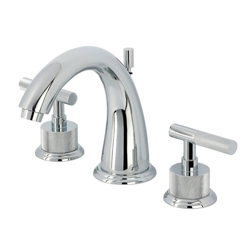 Kingston Brass Convergent Two-Handle 3-Hole Deck Mount Widespread Bathroom Faucet with Knurled Handle and Brass Pop-Up Drain - Polished Chrome