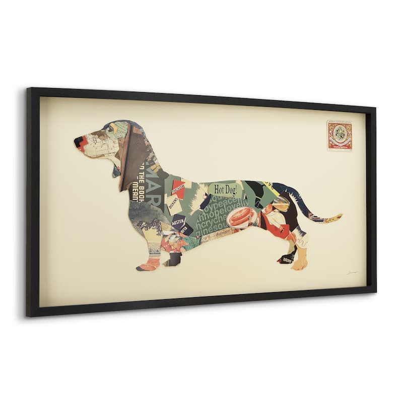 "Dachshund" Alex Zeng's dimensional collage, under glass & a black shadow box frame