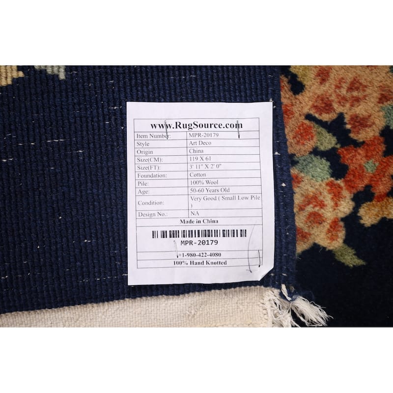 Navy Blue Floral Art Deco Chinese Accent Rug Hand-Knotted Wool Carpet - 2'0"x 3'11"