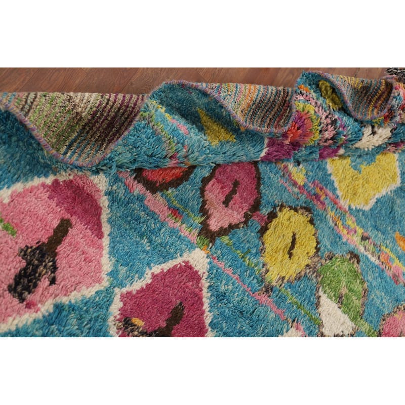 Hand Knotted Oriental 100% Wool Carpet Modern Tribal Navy Blue & Blues Moroccan Area Rug - 9' 8'' X 6' 2''