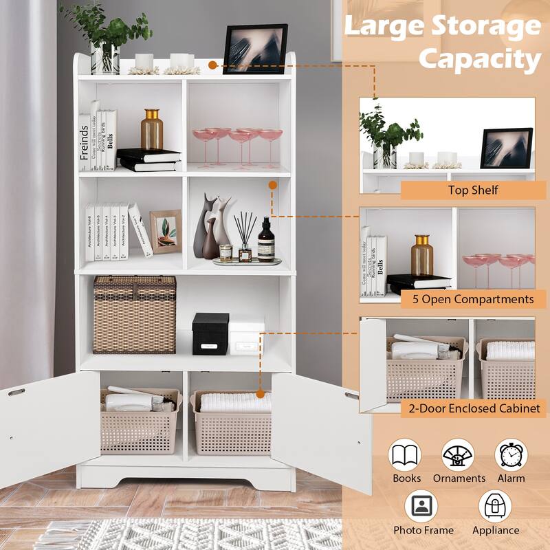 4 Tiers Bookshelf with 4 Cubes Display Shelf and 2 Doors - 23.5" x 11.5" x 47.5" (L x W x H)