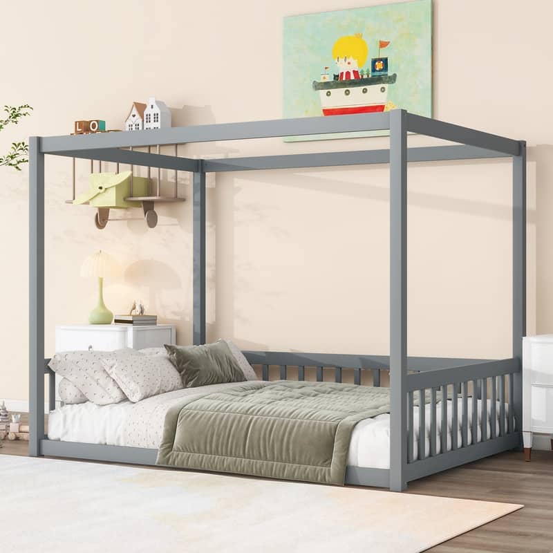 Full Size Rubber Wood Floor Bed Canopy Bed with Fence,Guardrails - Grey