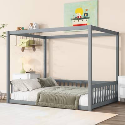 Full Size Rubber Wood Floor Bed Canopy Bed with Fence,Guardrails