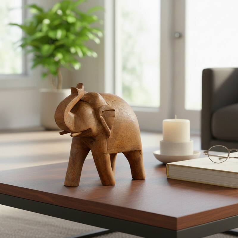 Decorative Wooden Elephant Figurine Sculpture - 8", Brown - 8.0"
