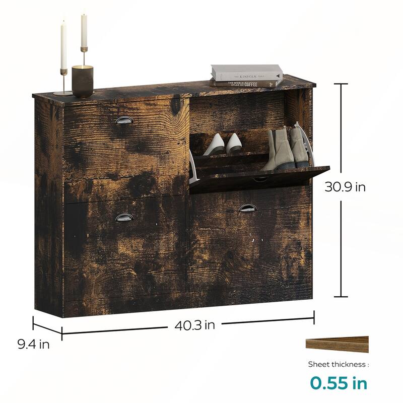 Retro Slim Narrow Shoe Cabinet with 4 Flip-Top Drawers for Entryway and Bedroom