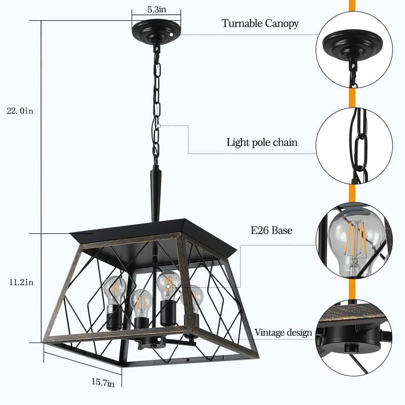 16" Black Industrial 4-Light Pendant Chandelier, Modern Metal Cage Design, Adjustable Hanging Light for Dining Room, (No Bulbs)