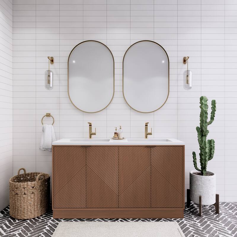 Milano 60" Freestanding Bathroom Vanity with Double White Acrylic Sink - 59.06" x 19.49" x 35.46'' - Brown