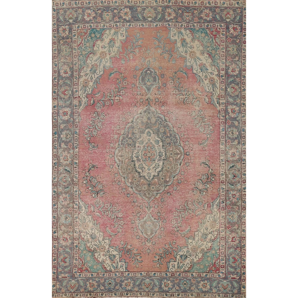 Distressed Tabriz Vintage Persian Area Rug Handmade Wool Carpet - 6'8" x 9'10"