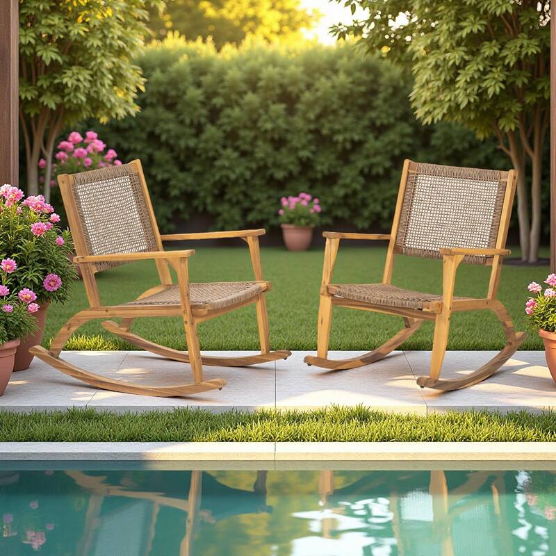 2-Piece Outdoor Acacia Wood Rocking Chair Set with Wicker Rattan Seat & Backrest - Natural