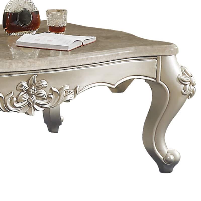 Traditional Style Rectangular Wood and Marble Coffee Table, Silver