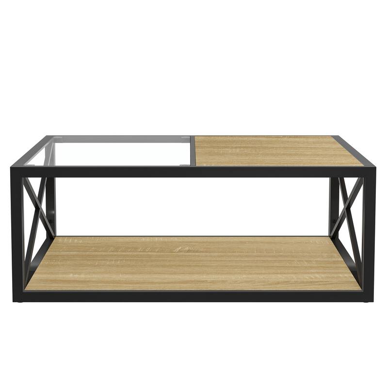 Modern Coffee Table For,Tempered Glass&Natural Wood Mdf Top,Industrial Style Coffee Table