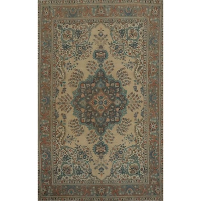 Hand Knotted Oriental 100% Wool Carpet Traditional Floral Beige & Ivories Tabriz Area Rug - 9' 8'' X 6' 5''