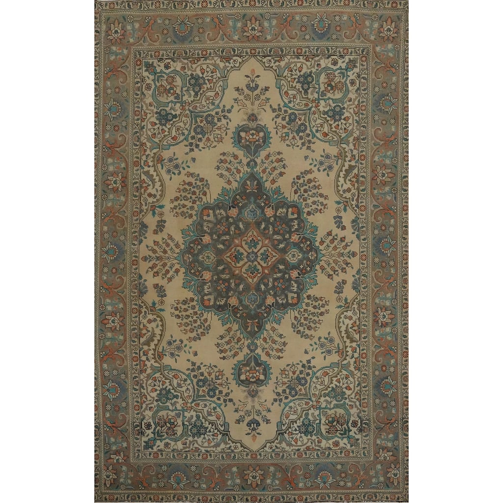 Hand Knotted Oriental 100% Wool Carpet Traditional Floral Beige & Ivories Tabriz Area Rug - 9' 8'' X 6' 5''