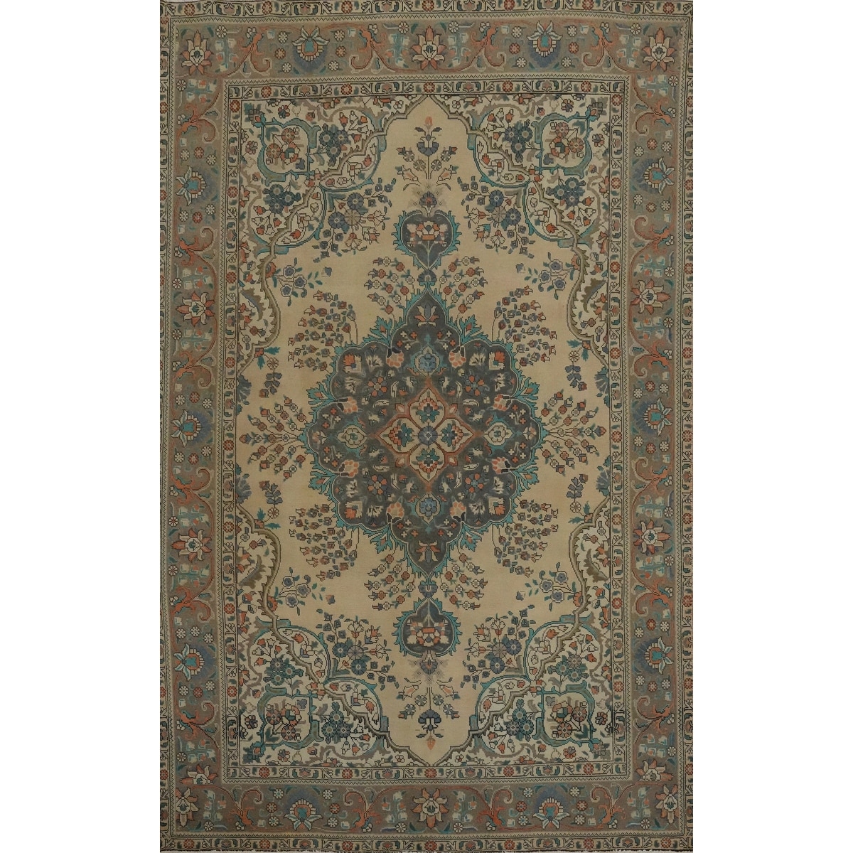 Hand Knotted Oriental 100% Wool Carpet Traditional Floral Beige & Ivories Tabriz Area Rug - 9' 8'' X 6' 5''