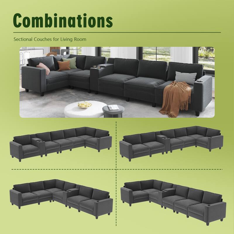 Corduroy L-Shaped Sectional Sofa with USB Charging, Storage & 3 Cup Holders, Reversible Seats