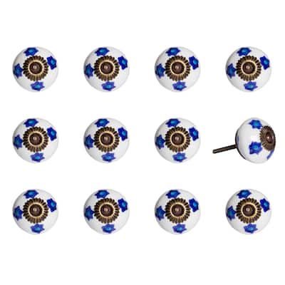 Set of 12 Ceramic Drawer Knobs Blue White Turquoise Floral Round Cabinet Pulls for Furniture - 1.5” x 1.5” x 1.5”