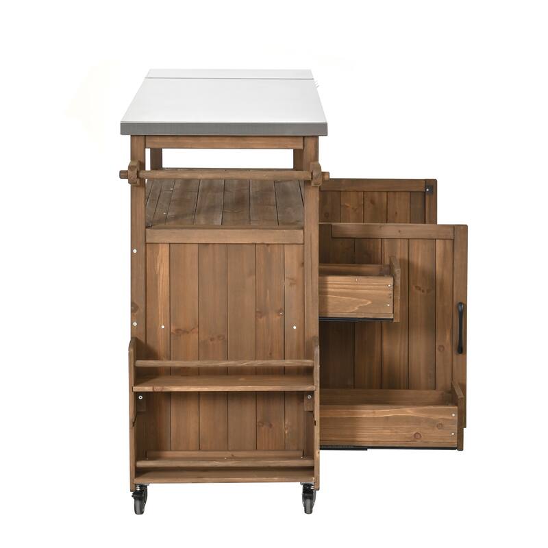 Christopher Knight Home - 54.33" Solid Wood Mobile Outdoor Kitchen Cart with Stainless Steel Top & Spice Rack & Lockable Wheels