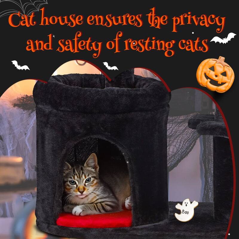 EROMMY Gothic Cat Tree,34.6" H Cat Tree Tower With Cat Scratching Post For Indoor Cats,Halloween Pet Furniture,Black With Red