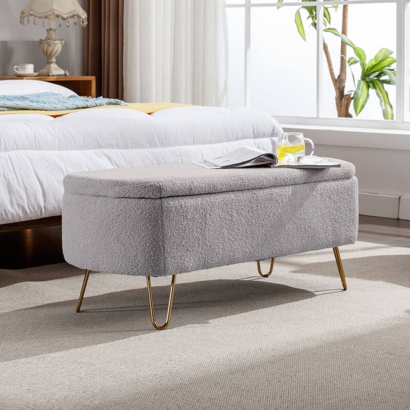 Modern Faux Fur Storage Bench with Gold Legs, Upholstered Ottoman for Living Room and Bedroom