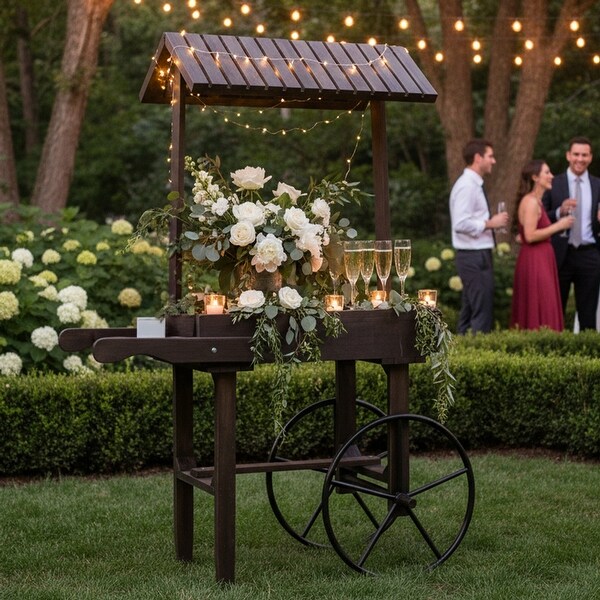 飾り台 Sunnydaze Rustic, Vintage Flower Cart Display Stand with Wheels
