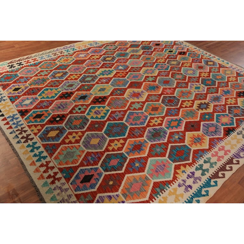 Orange Geometric Kilim Oriental Area Rug Hand-Woven Wool Carpet - 8'10"x 9'10"
