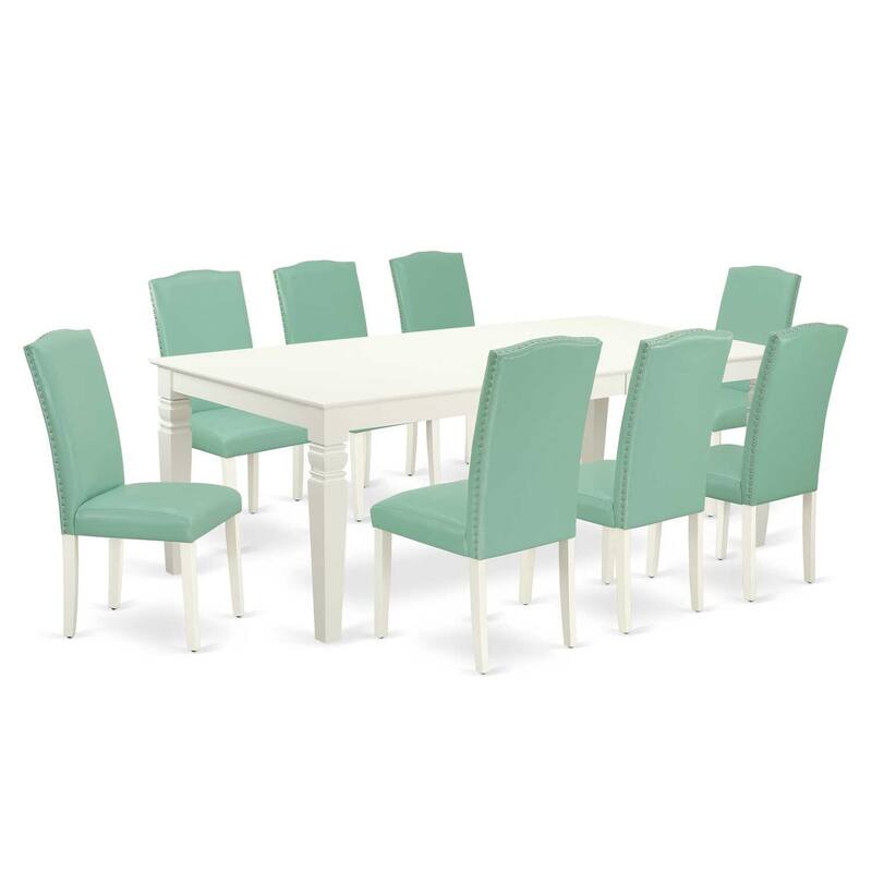 Rectangle Kitchen Dining Table Set 9pc - 66/84 Inch Table w/ Leaf & 8 Chairs - Linen White Legs, Pond PU Leather