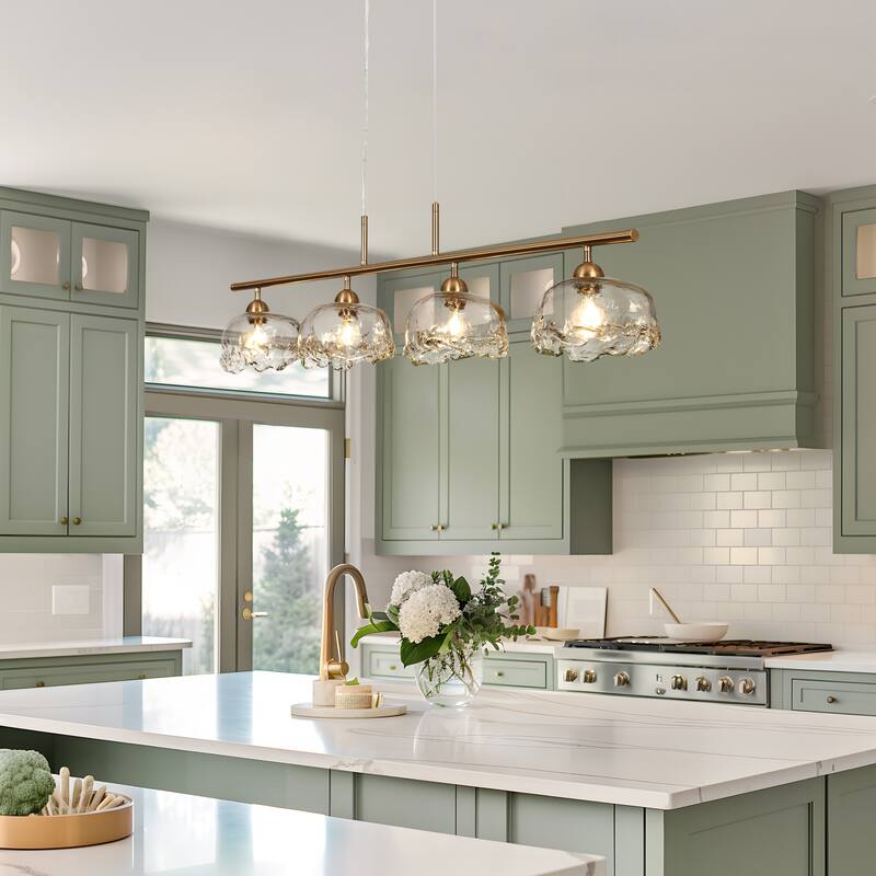 Modern 4-Light Gold Chandeliers 44 IN Linear Textured Glass Island Lights for Dining Room - W44.5" x H68.2" Max