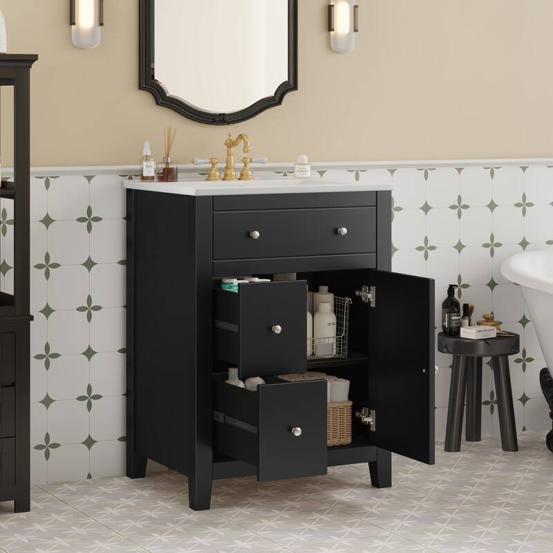 GDFStudio - Merivale Modern Bathroom Vanity with Ceramic Sink and 2 Soft-Closing Storage Drawers - 24'W