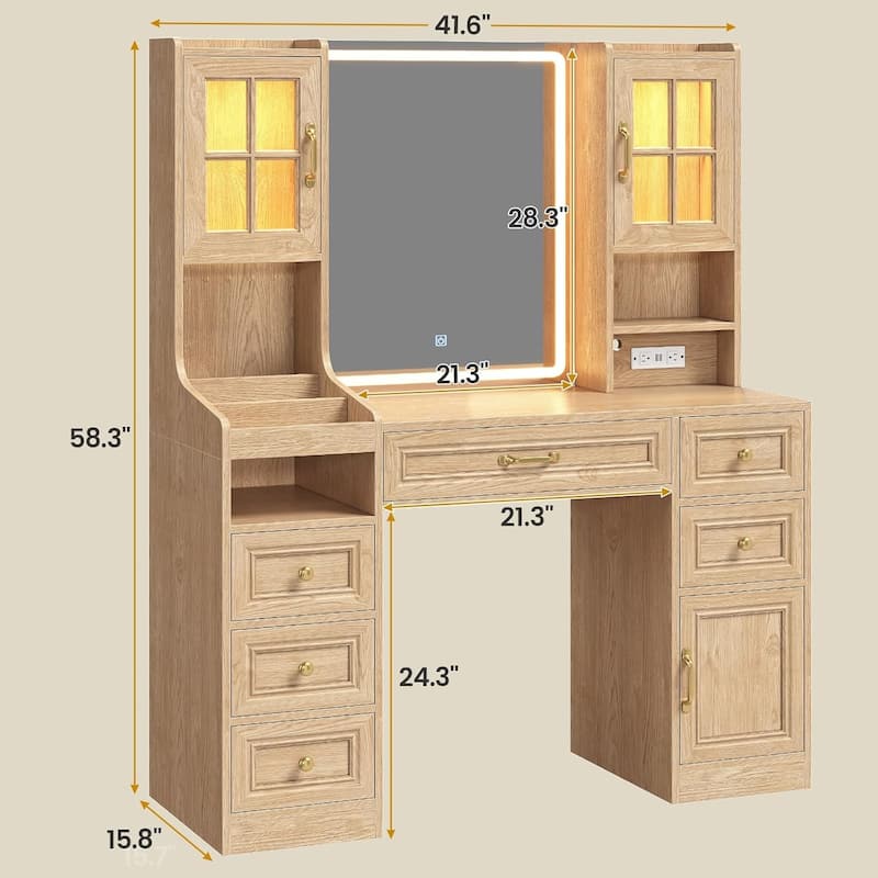 Vanity Desk Touch Screen Mirror Cabinets 6 Drawers 5 Jewelry Hooks