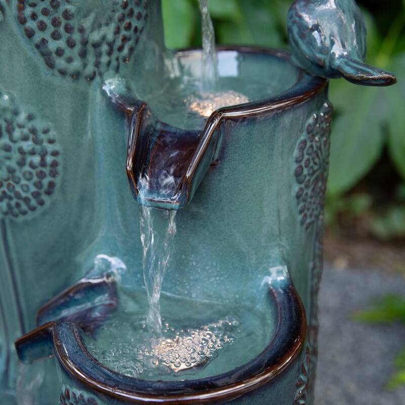 Glitzhome 27" H 4-Tier LED Ceramic Outdoor Floor Fountain with Birds, Cobalt Blue Turquoise Dandelion Texture Vase-Shaped