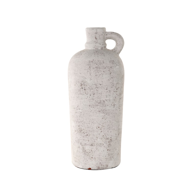 Cream Ceramic Antique Style Textured Decorative Vase with Curved Handle