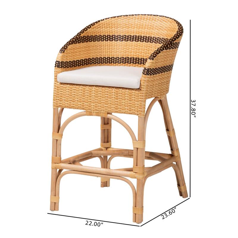 Elma Rattan Counter Stool with Cushion - Barrel-Back Counter Chair with Synthetic and Natural Rattan, Boho Coastal Style