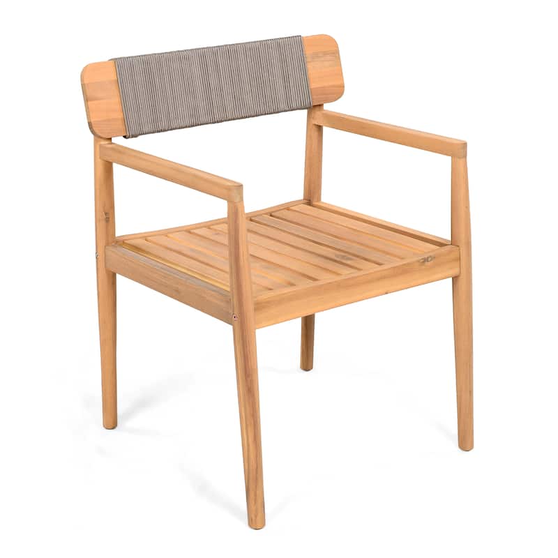 Handwoven Acacia Wood Outdoor Dining Set - 2-Piece Table & Armchairs with Teak Finish & Gray Rope Accents for Patio/Garden‌