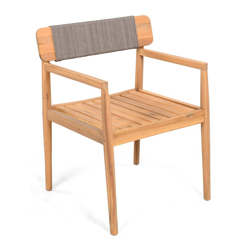 Roomfitters 4-Piece Outdoor Braided Acacia Wood Chairs Teak Look and Rope Weave Armchairs for Garden Backyard Poolside