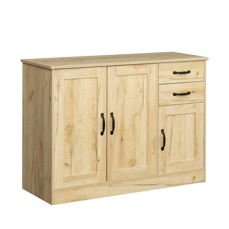 Roomfitters 43" Modern Buffet Sideboard, Oak Wood Storage Cabinet with Drawers and Doors for Dining Room or Entryway