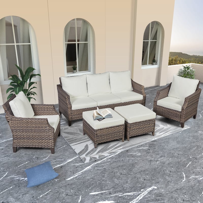 Patio Wicker Furniture Set-5 Piece Outdoor Sofa Set with Ottomans