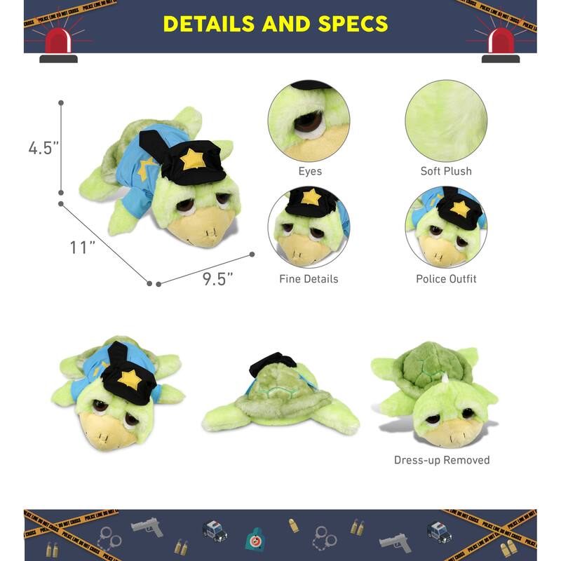 DolliBu Large Green Sea Turtle Police Officer Plush with Cop Uniform - 11 inches