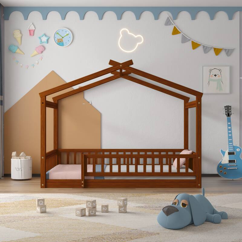 Twin Size Wood House Bed Frame with Roof and Fence - Fun and Safe Design for Children's Bedrooms, Small Space - Tan