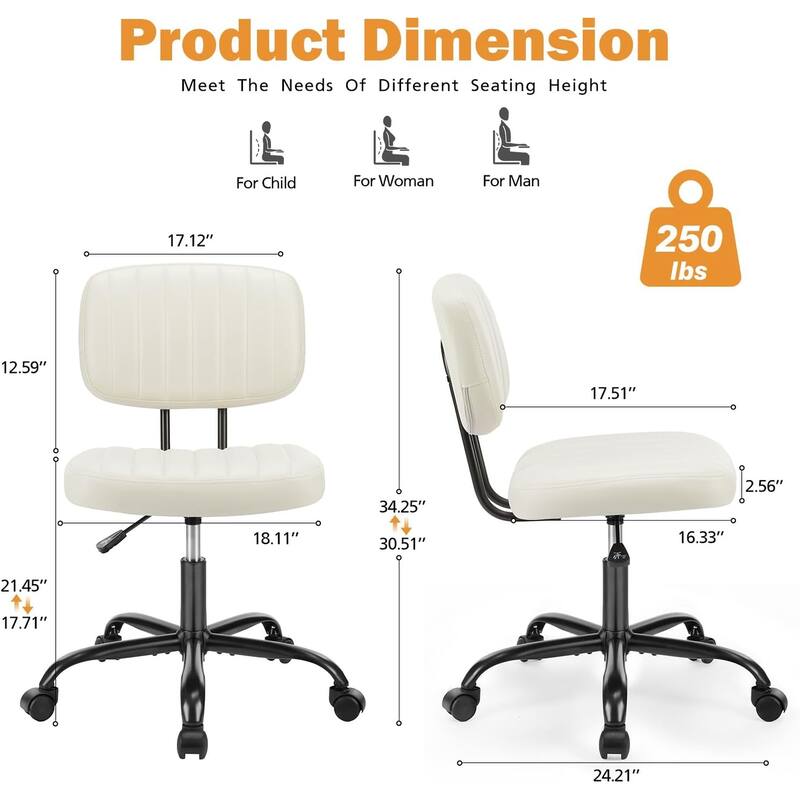 Small Office Computer Desk Chair with Wheels and Lumbar Support, Comfy Cute Armlees PU Leather Vanity Rolling Swuvel Task Chair