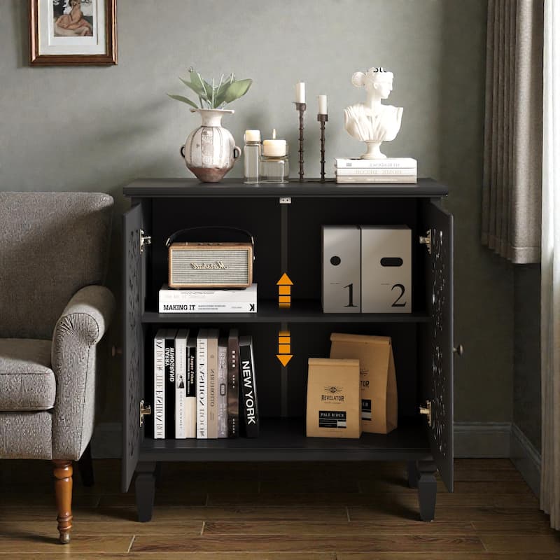 Vintage Hollow-Carved 2-Door Accent Cabinet with Floral Design, Adjustable Shelf and Solid Wood Legs, 31.5'' Sideboard